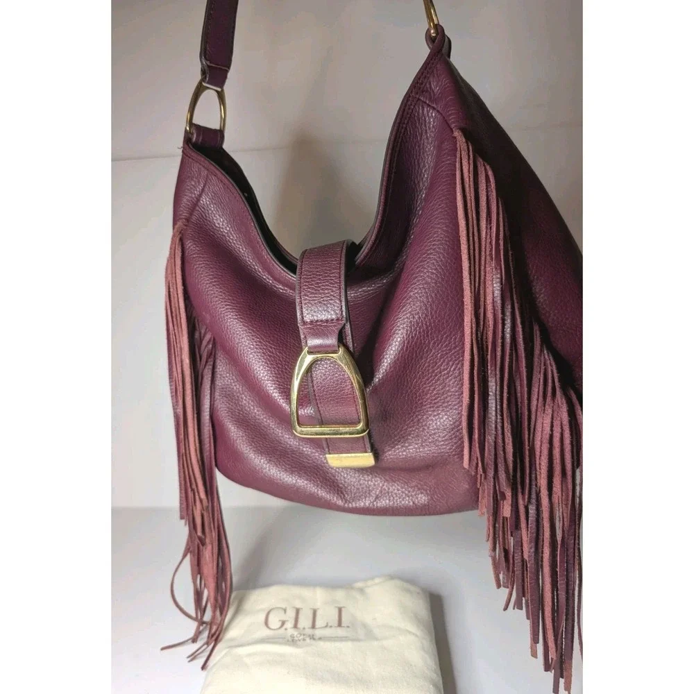 GILI Got It Love It Leather Stirrup Fringe Hobo Bag Oxblood Burgundy w Dust Bag